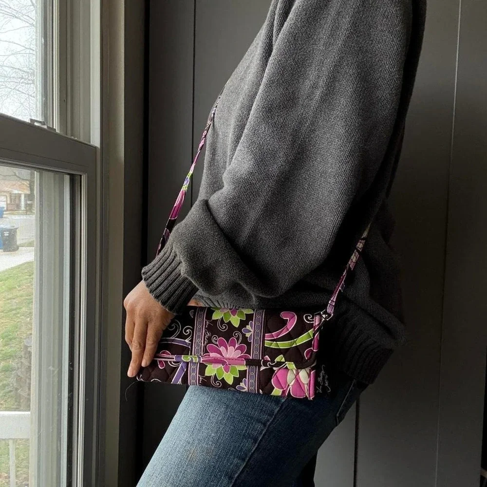 Vera Bradley Floral Quilted Crossbody Wallet Bag Brown Pink Green